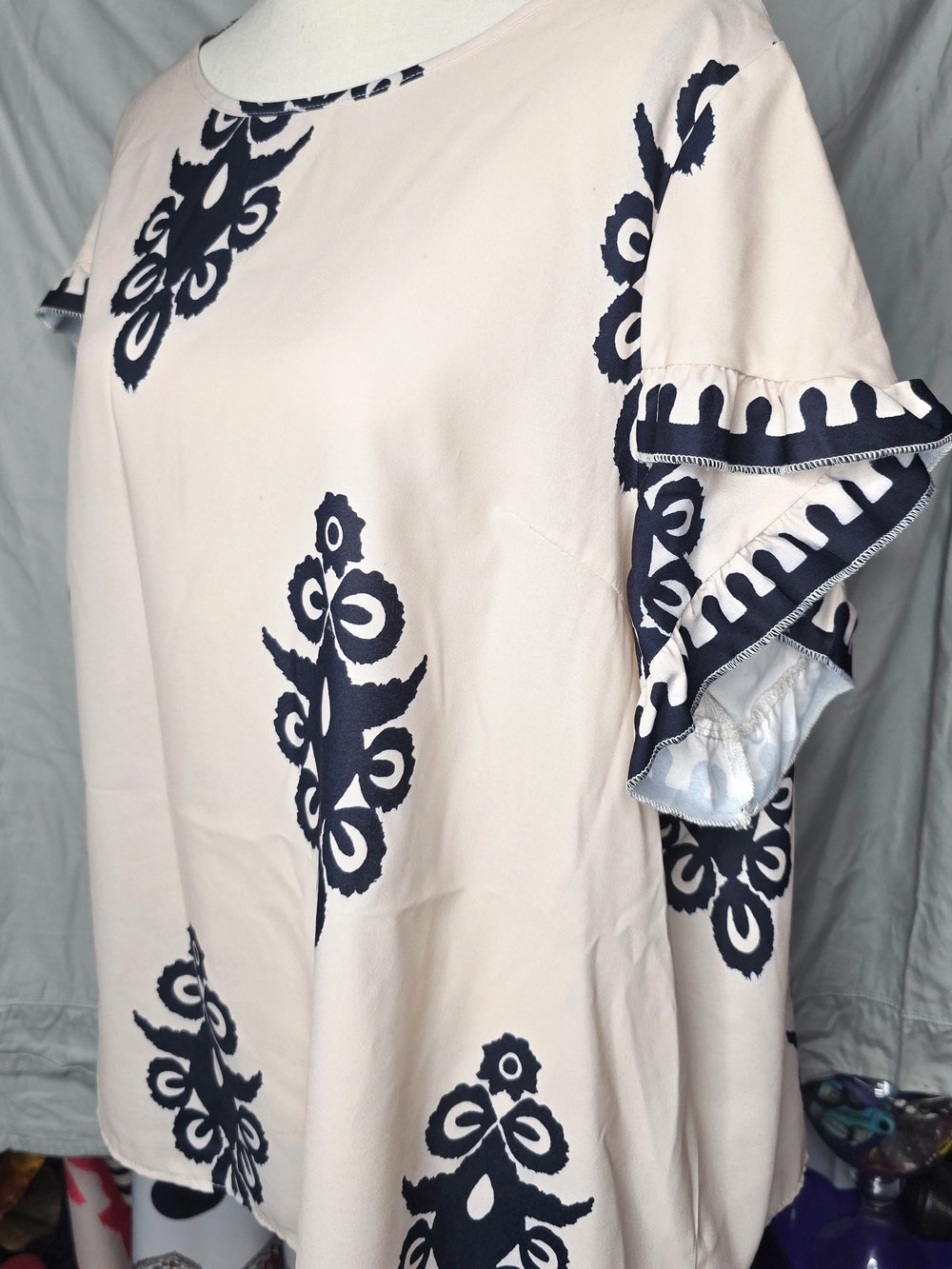 SHEIN Blush Top with Navy Embroidered Motifs and Ruffle Sleeves